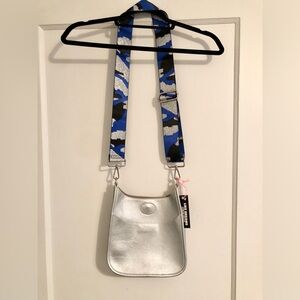 AH-DORNED Silver Vegan Leather Classic Messenger Bag with Camo Strap NWT